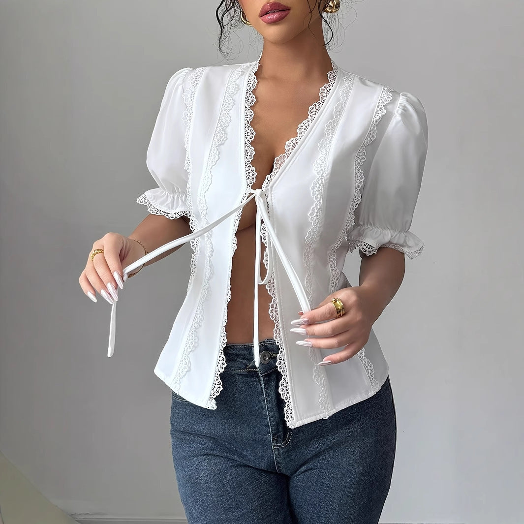 Casual Short Sleeved V-neck Lace Up Pleated Patchwork Solid Color Shirt