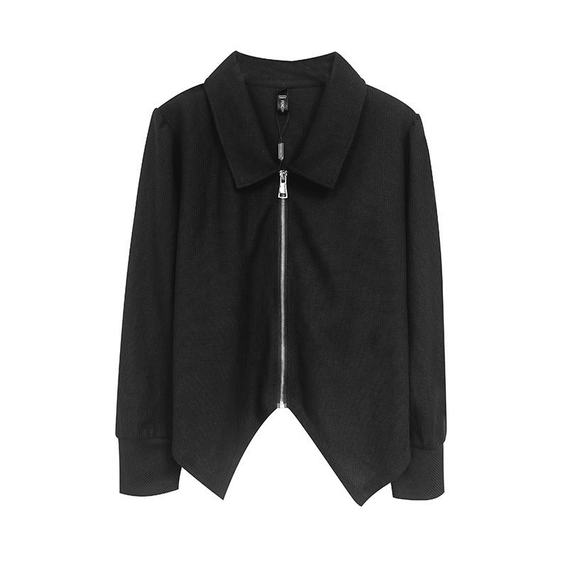 Stylish Zip-Up Collared Jacket | Asymmetrical Hem Blazer Top Korean Style Irregular Loose And Slim Zipper Lapel Top