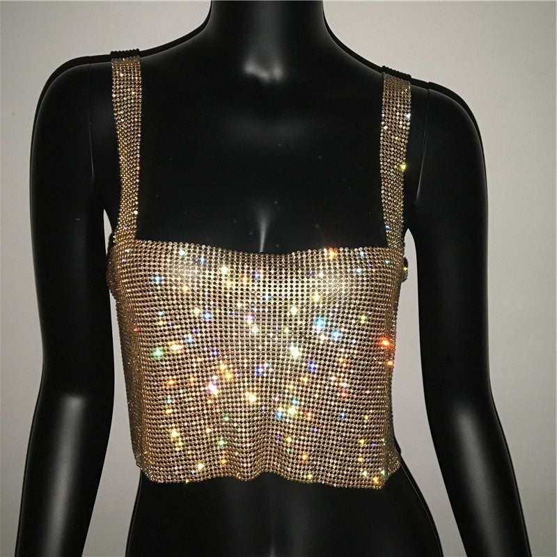 Bling Rhinestones Party Crop Top Full Diamonds Sequins Top