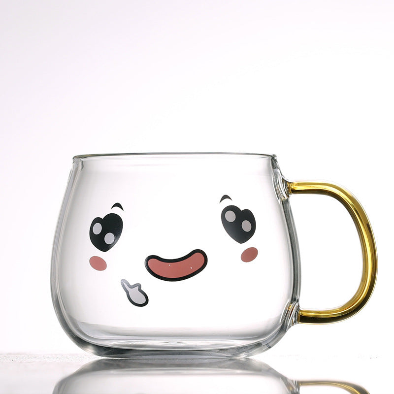 Cute Kawaii Emoji Glass Mug with Gold Handle Cute Glass Expression Coffee Cup Mug