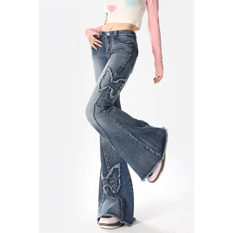 Butterfly Bliss – Flared Denim with Y2K Edge American Retro Butterfly Embroidery Slightly Flared Jeans Women