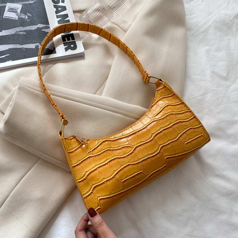 Elegant Crocodile Textured Shoulder Purse | Perfect for Day or Night Embossed Underarm Stone Pattern Candy Color Shoulder Bag