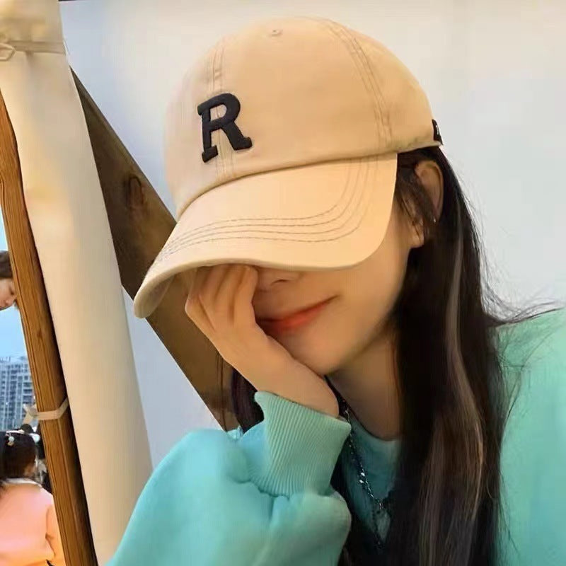 Adjustable Solid Color Sports Cap with "R" Women's Men's Korean Style Soft Top