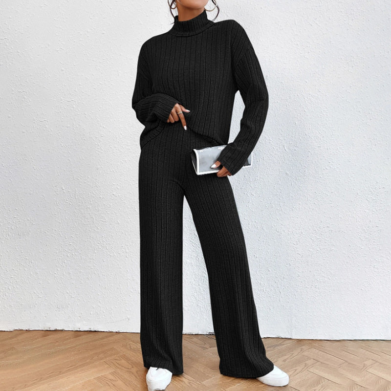 Solid Color 2-Piece Set High Neck Long Sleeve Top & Pants, Striped Loungewear