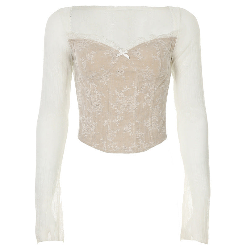 Lace Chest V-neck Lace Slim Fit Patchwork Top