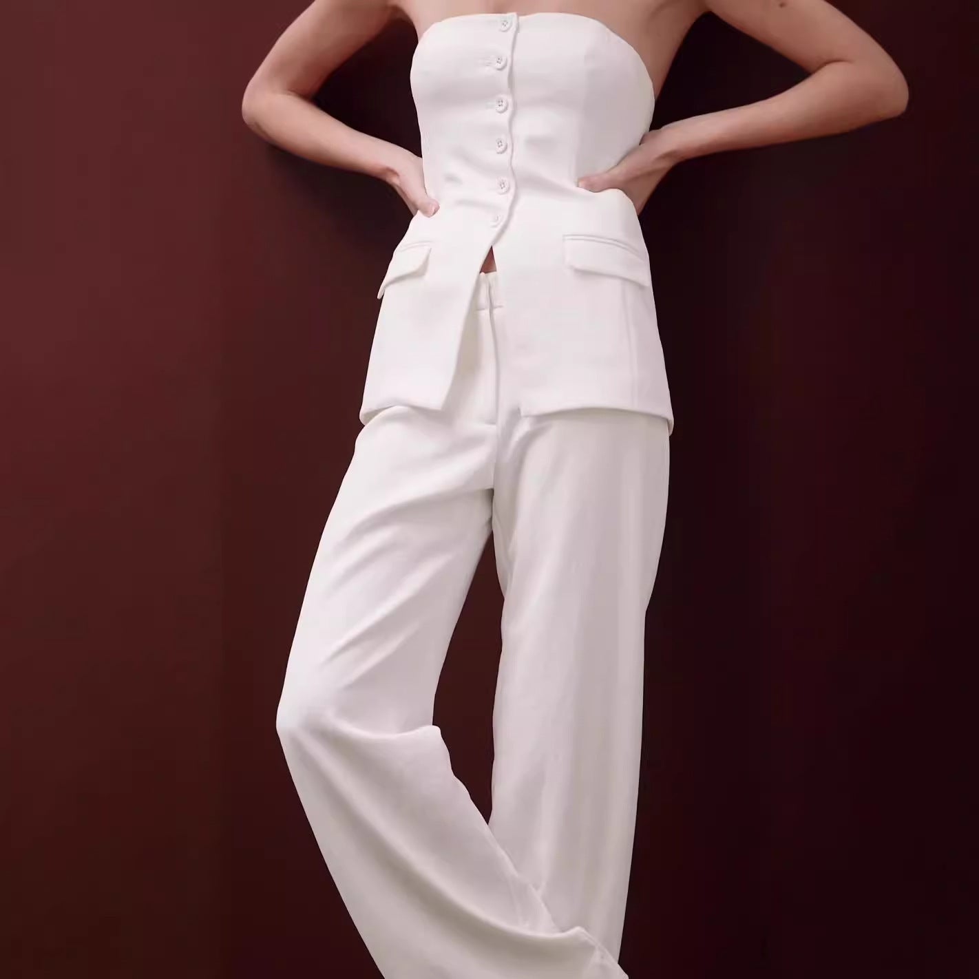 Chic Strapless Blazer Set – Elegance with a Modern Twist Graceful Tube Top Suit Fashion Button Sleeveless Top And Straight Pants Women's Trousers Set