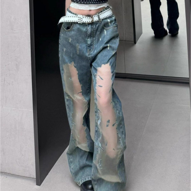 Y2K Grunge Distressed Mesh Jeans – See-Through Panel Streetwear Denim Retro Washed Ripped Jeans For Women Summer Hollow Out