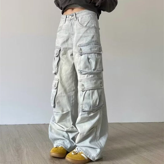 Stone Grey Multi-Pocket Cargo Pants – Utility Meets Streetwear Retro Workwear With Pocket Jeans For Women