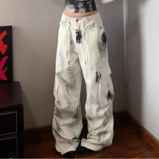 White Graffiti Distressed Cargo Jeans – Y2K Streetwear Wide-Leg Pants Plus Size Washed Brushed Multi-pocket Workwear Jeans For Women