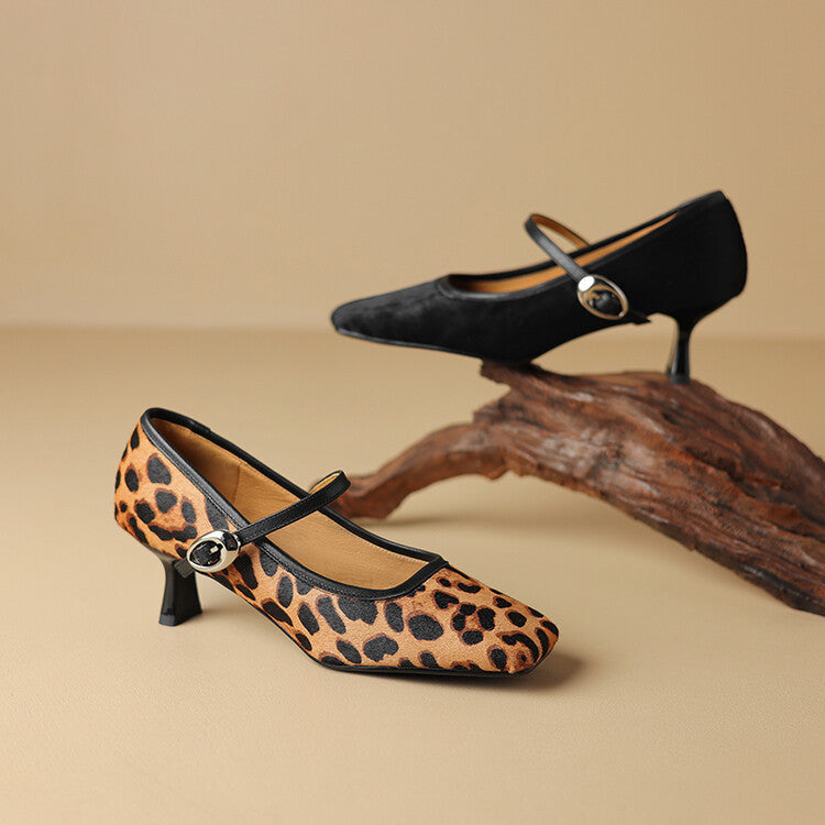 Elegant Mary Jane Heels with Leopard Print or Classic Black Suede Women's Square Toe Stiletto Heel Ankle-strap Shoes Fashionable Retro High Heels
