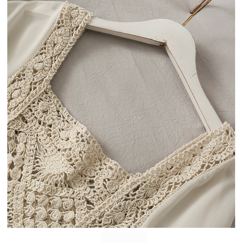 Elegant Crochet Panel Blouse | Sheer Sleeve Square Neck Top Women's Chiffon Panel Puff Long Sleeve Top
