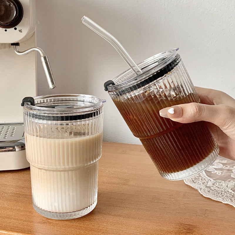 Aesthetic Striped Glass Cup for Cold Drinks Wind Stripe Coffee Mug With Straw With Lid Glass Handy Mug