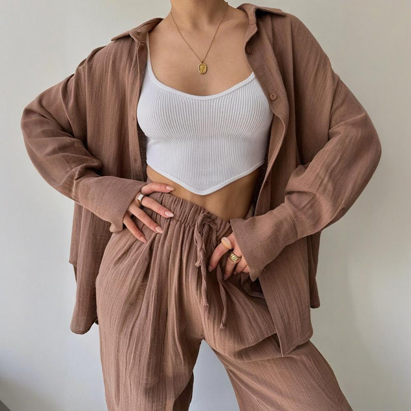Solid Color Lapel Collar Long Sleeve Shirt & High-Waist Pants Set - Casual Loose Fit Outfit