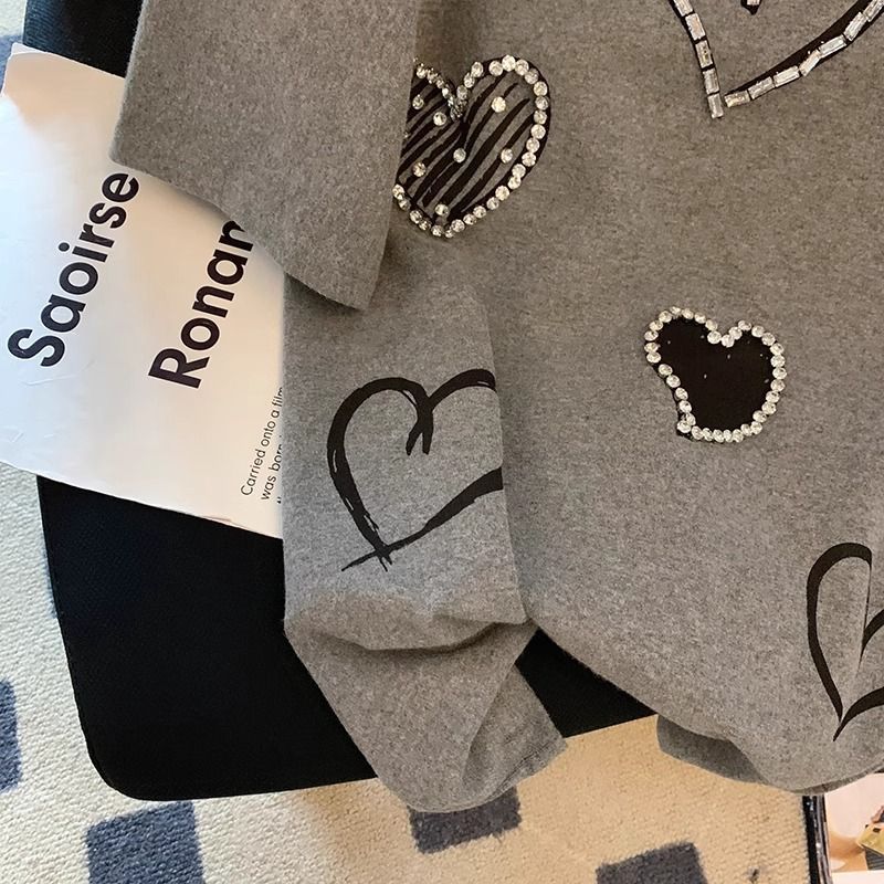 Gray Heart Shape With Diamond T-shirt For Women