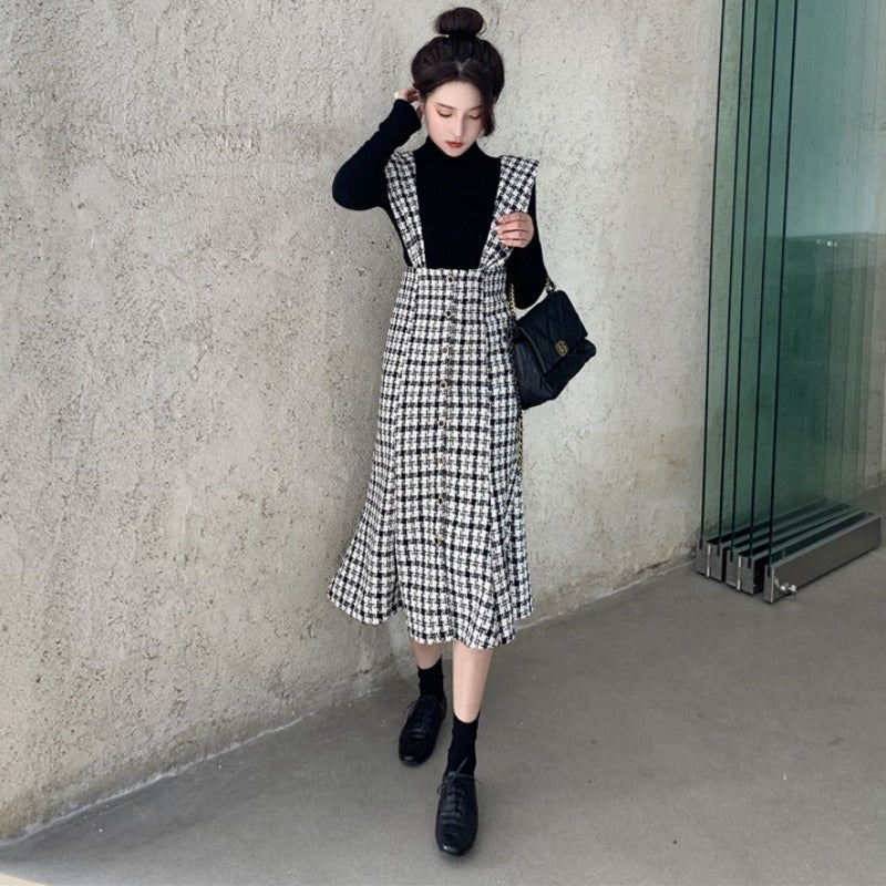 Fashion Long Suspender Skirt with Check Pattern French Retro Plaid Dress