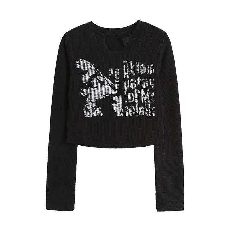 Design Crack Distressed Print Cropped Navel Slim Fit Long Sleeves
