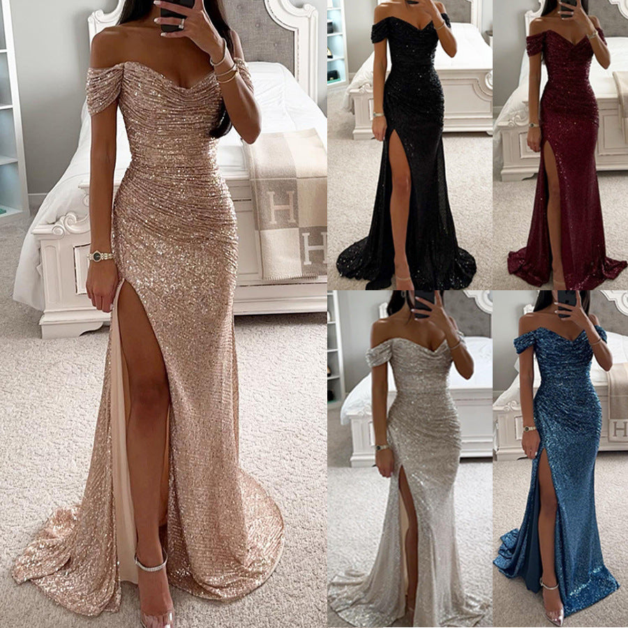 Party Sequins Off-neck Split Dress INS Casual Fashion Dress For Women