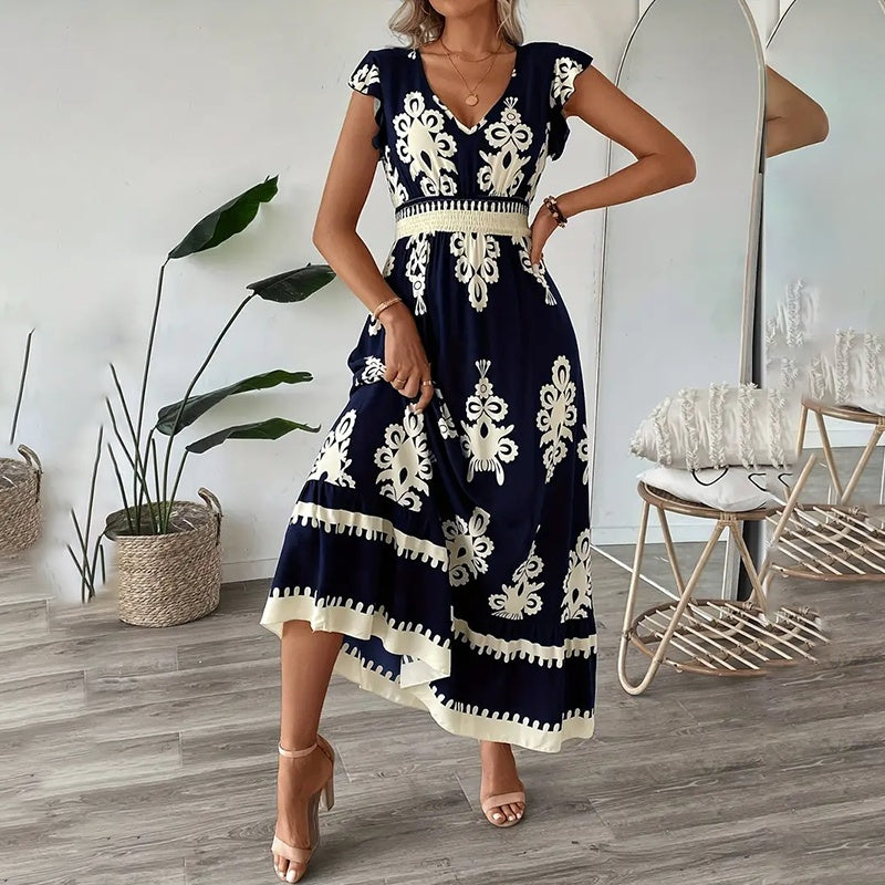 Summer Flowy Maxi Dress Casual Cap Sleeve V Neck Smocked Waist Beach Sundress