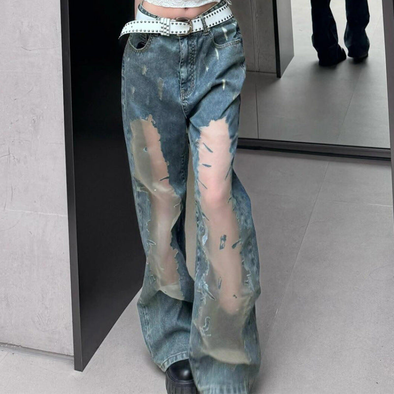 Y2K Grunge Distressed Mesh Jeans – See-Through Panel Streetwear Denim Retro Washed Ripped Jeans For Women Summer Hollow Out