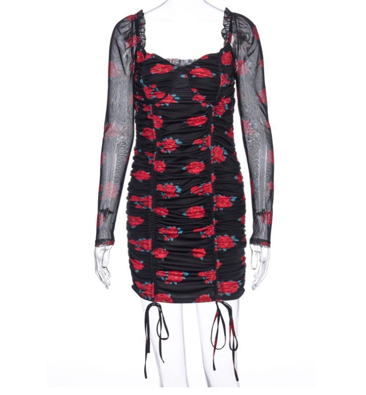Printed long-sleeved pleated stretch-bag hip dress