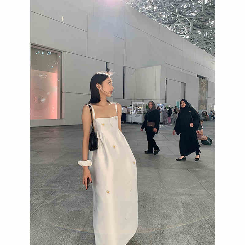 White Dress Women's Printed Slim Fit Square Collar Suspender Dress
