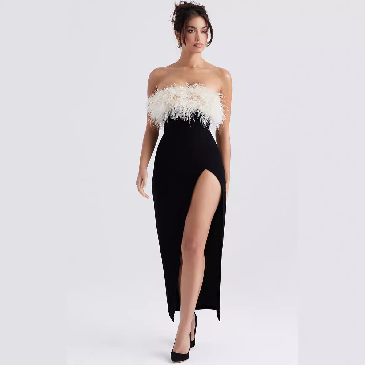American Off-shoulder Contrast Color Ostrich Hair Tube Top High Slit Bandage One-piece Dress