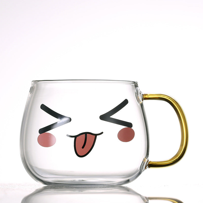 Cute Kawaii Emoji Glass Mug with Gold Handle Cute Glass Expression Coffee Cup Mug