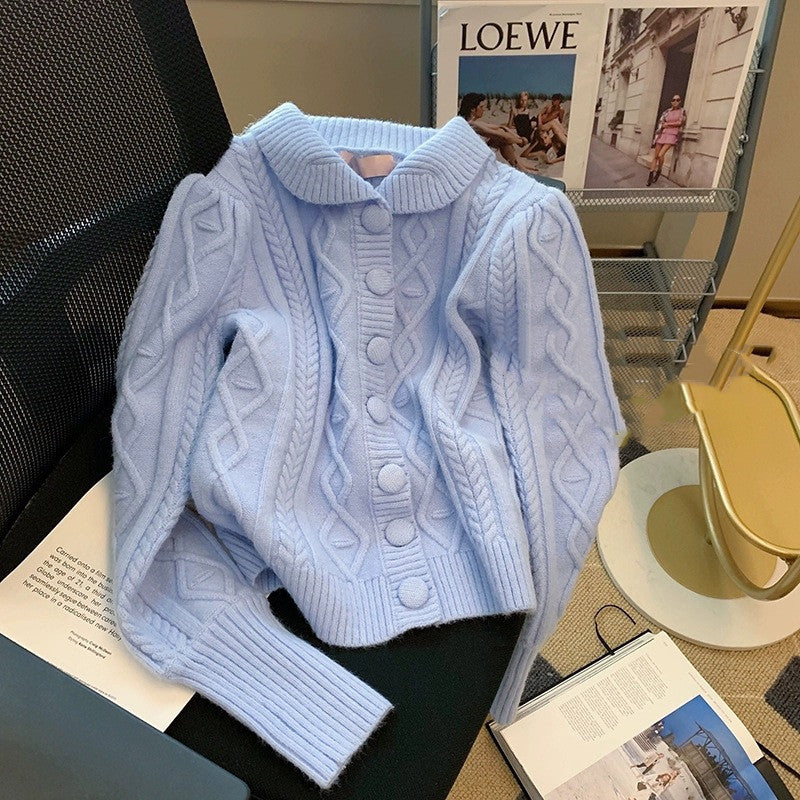 Cozy Cable Knit Cardigan - Light Blue Loose Korean Lazy Wind Gentle Knit Top