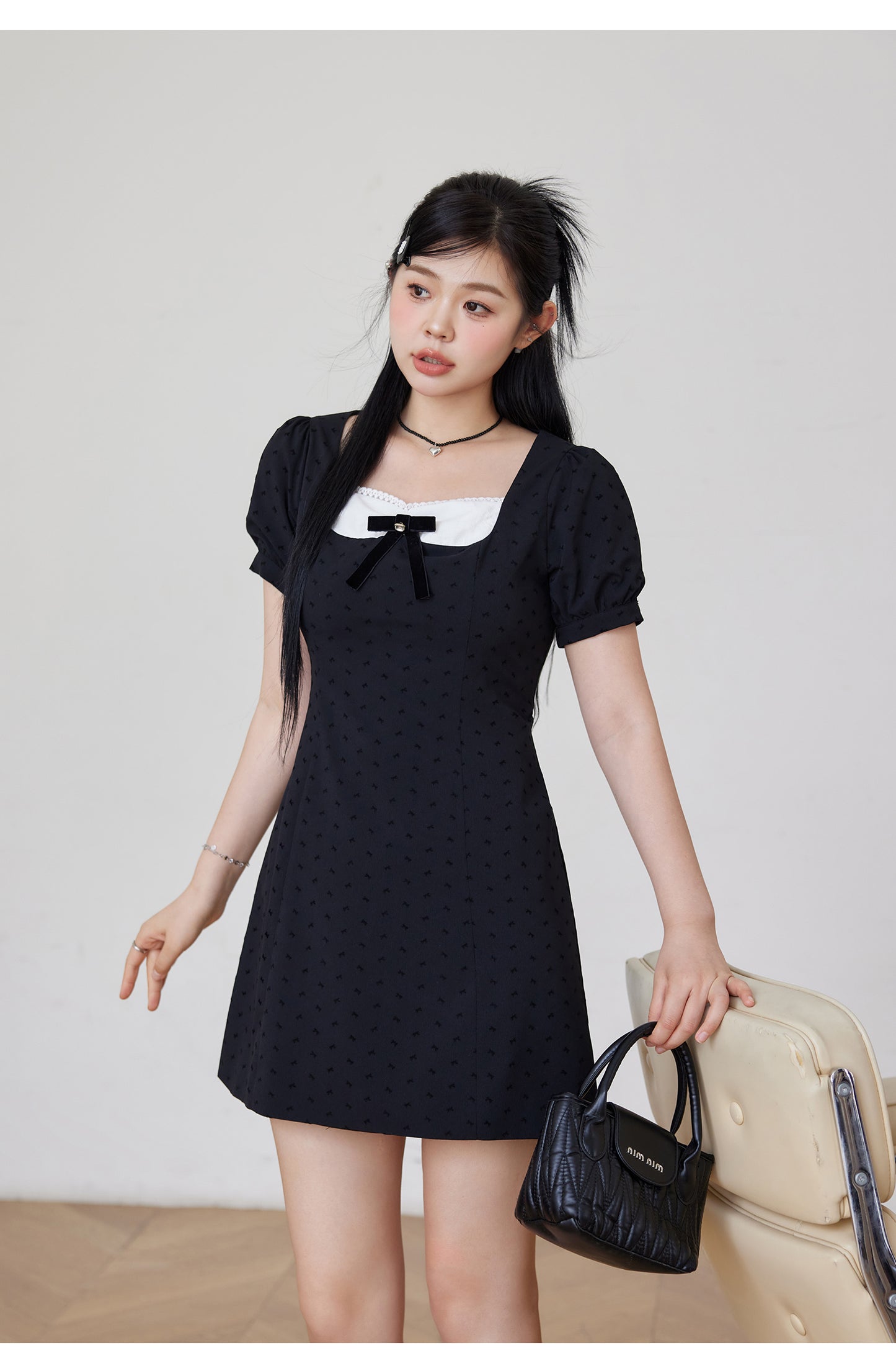Bubble Sleeve Black Floral Bow Plus Size Dress