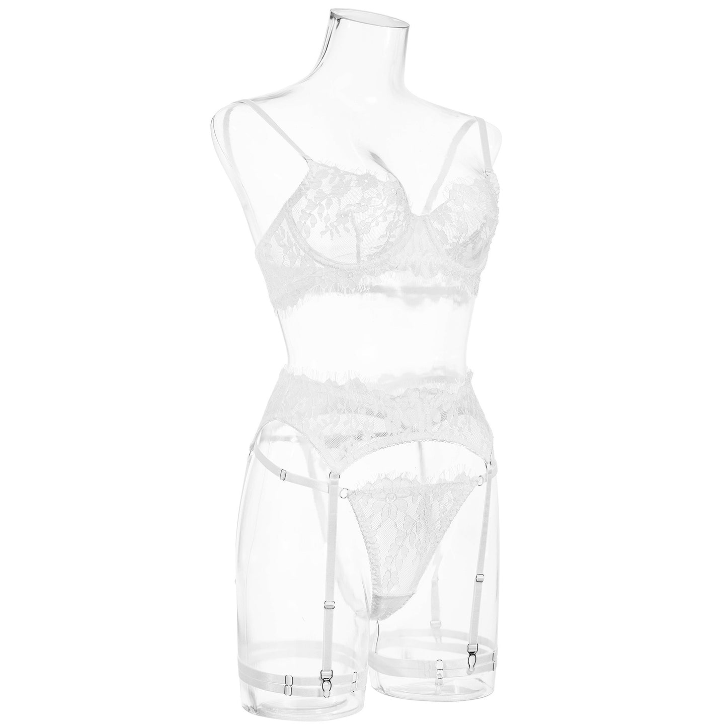 Sexy Elegant White Lace Lingerie Set - Bra, Thong & Garter Lace Through Garter Bra Suit Women