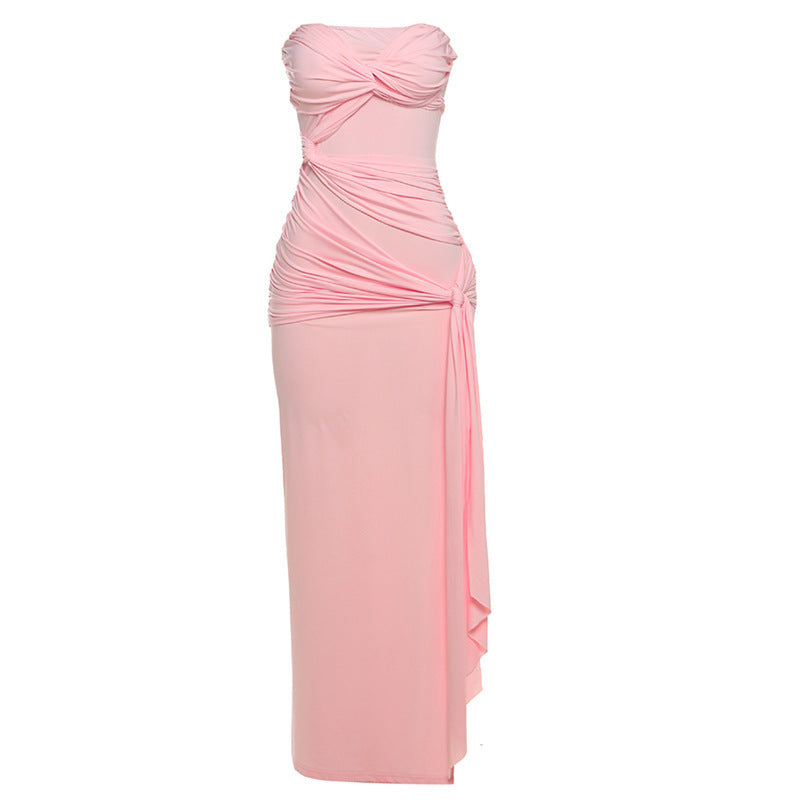 Sexy Temperament Twist Knot Backless Side Slit Tube Top Solid Color Dress