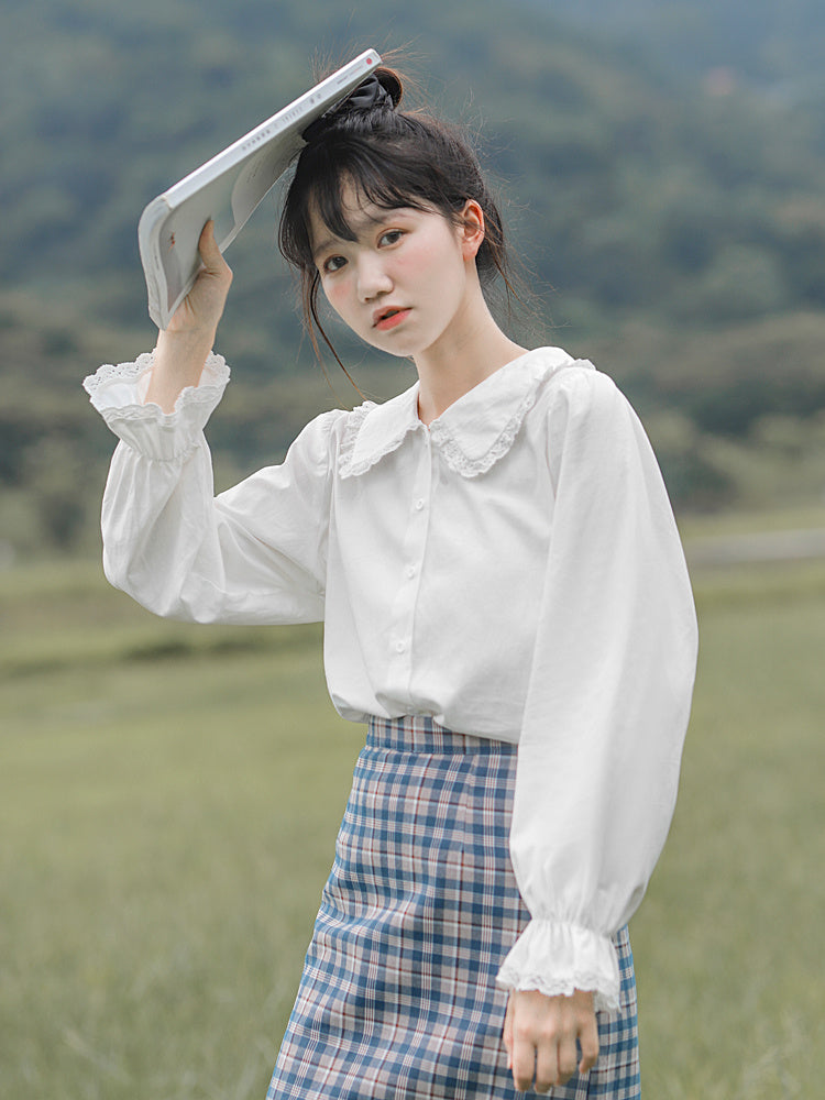 Niche Spring And Autumn Doll Collar Design Sense White Shirt