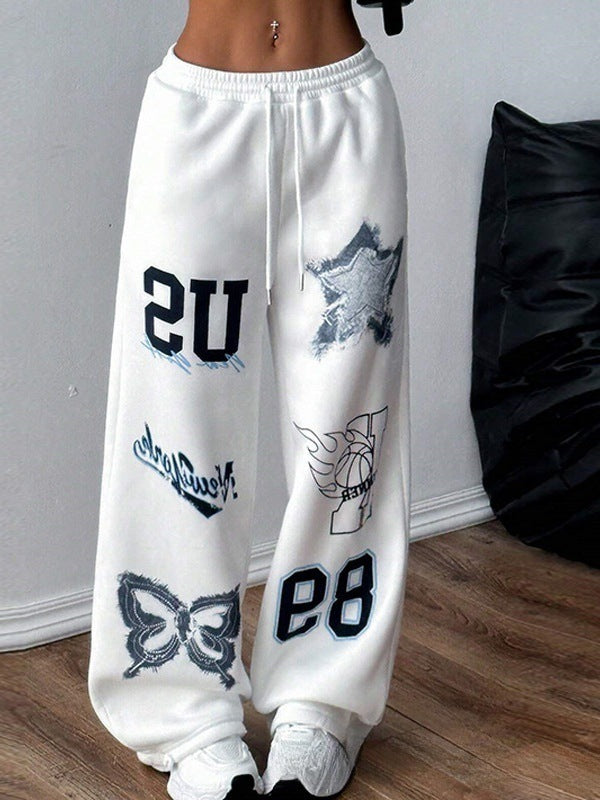 Printed Drawstring Straight Sports Casual Pants For Women's