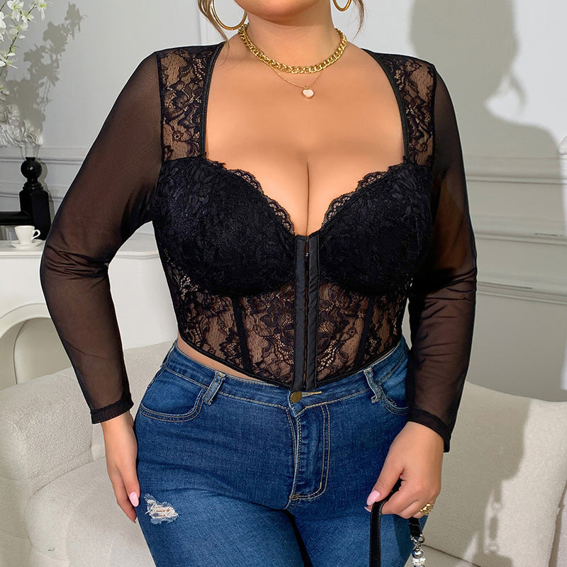 Sexy Lace See-through Stitching New European And American Mesh Hot Girl Outer Wear Underwear Top
