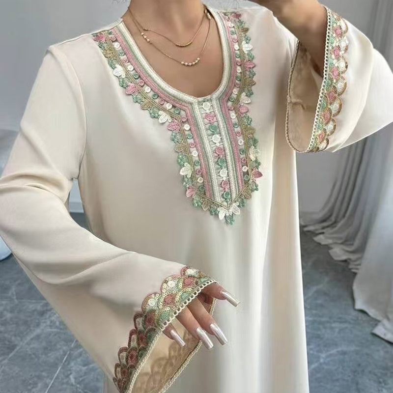 Middle Eastern Embroidered Maxi Dress - Round Neck Long Sleeve Flowy Kaftan With Exquisite Embroidery, Loose Fit