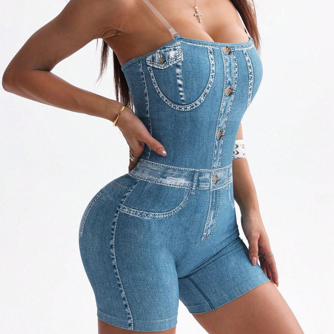 3D Denim Camisole Vest Shorts Jumpsuit For Women's