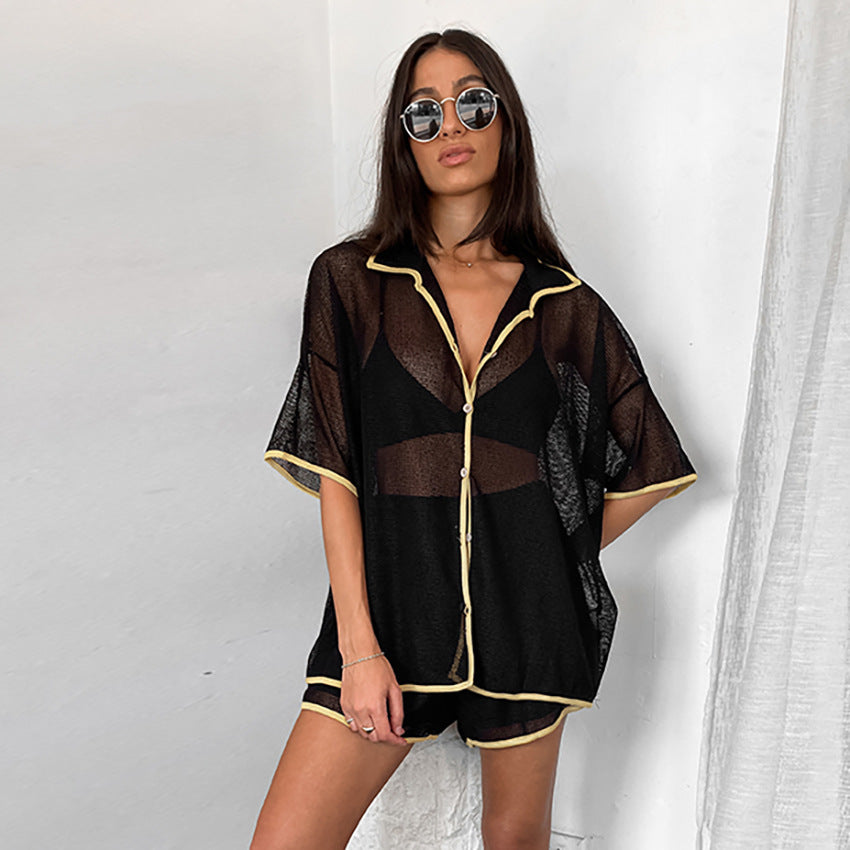 Chic Sheer Oversized Lounge Set - Shirt & Shorts See-through Cardigan Pajamas Two-piece Set For Women