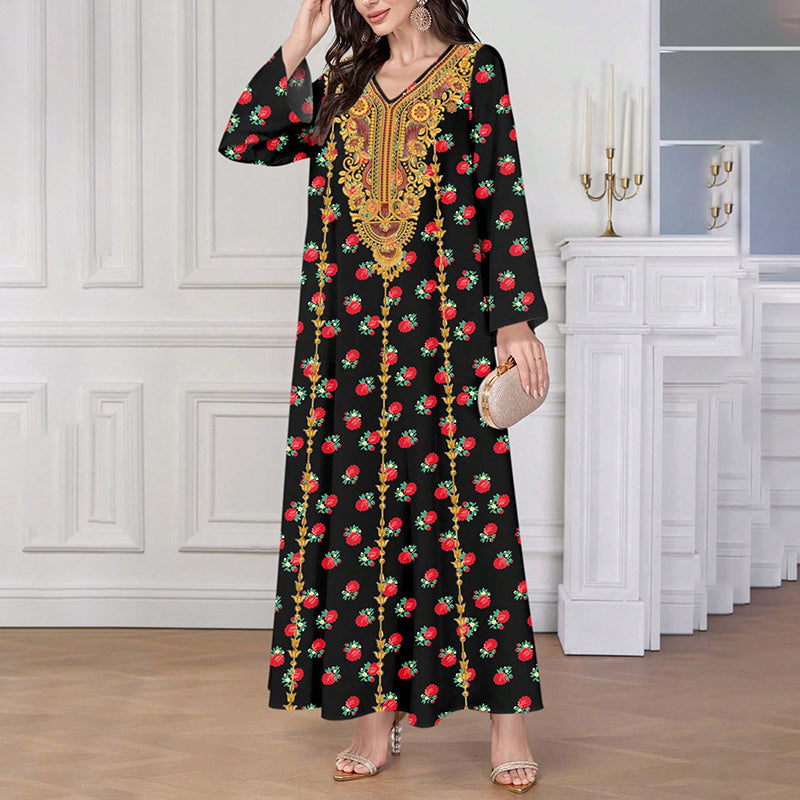 Ethnic Maxi Dress - Bohemian Embroidered Floral Print V-Neck Retro Long Dress
