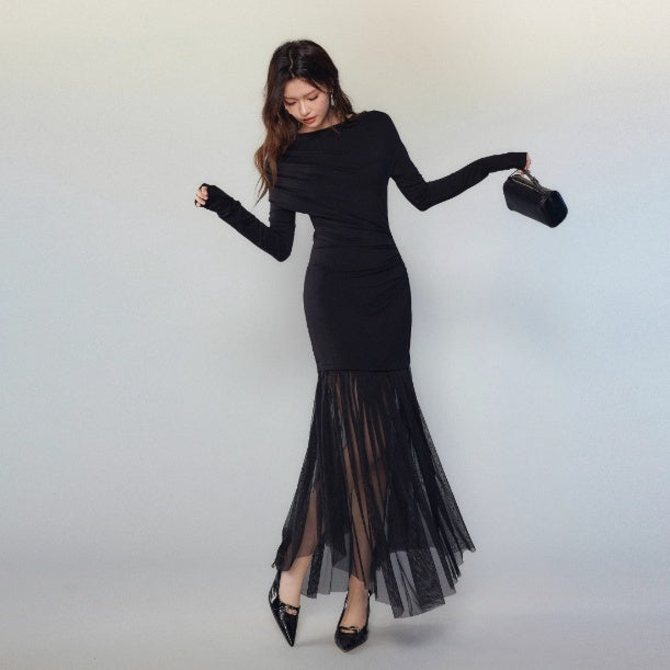 Elegant Black Panel Mesh Bodycon Dress For Women