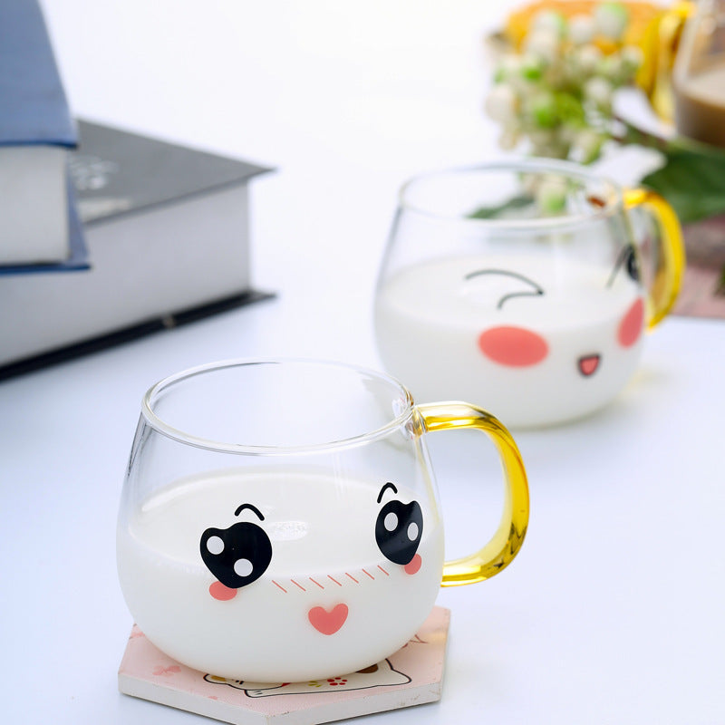 Cute Kawaii Emoji Glass Mug with Gold Handle Cute Glass Expression Coffee Cup Mug