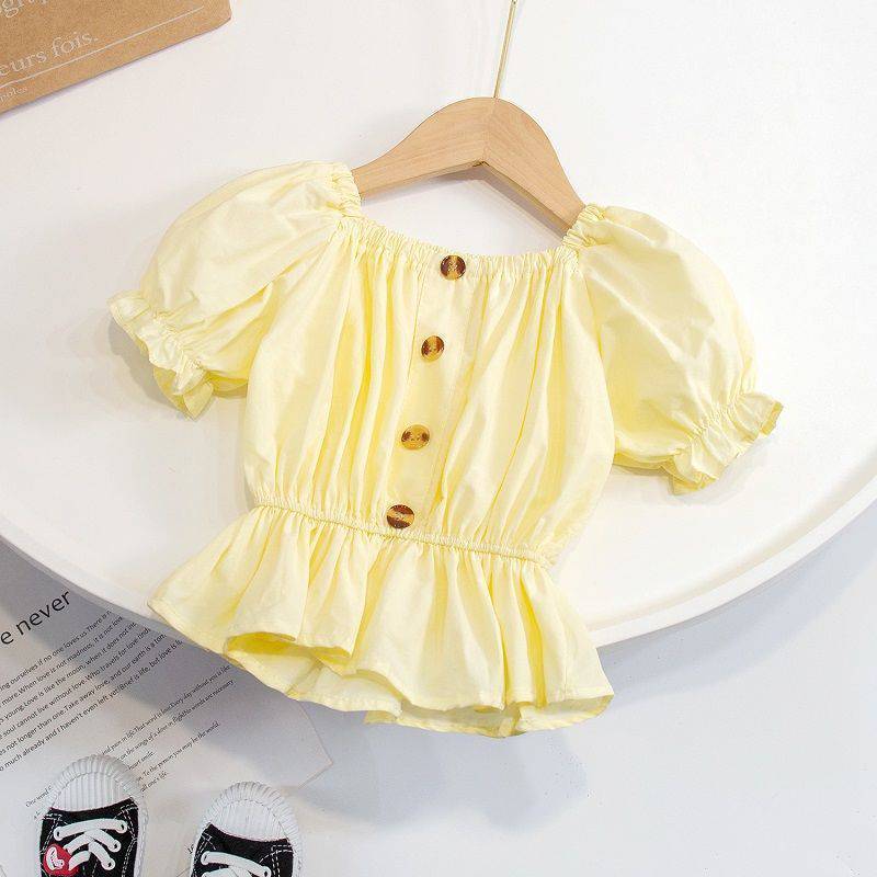 Stylish Toddler Girl Ruffle Hem Blouse | Short Sleeve Button Top Girls' One-shoulder Puff Sleeve Top Korean Style