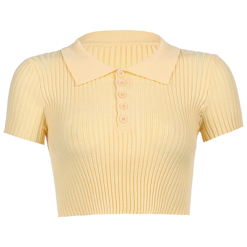 Summer Knit Polo Blouse - Short Sleeve Collared Top Korean Style Lapel Slim Slimming Cropped Top