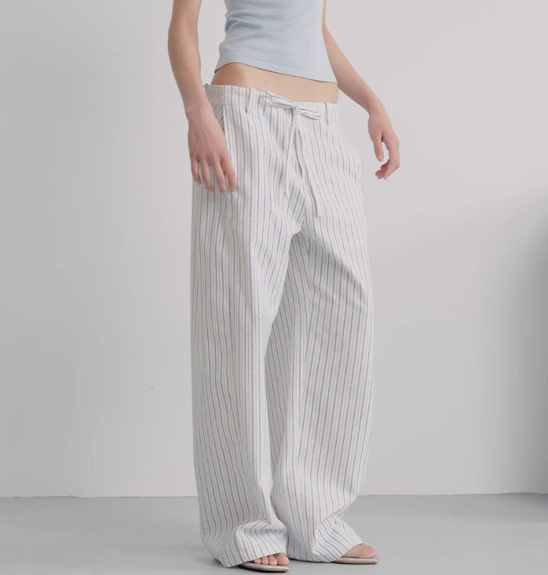 Striped Blue And White Drawstring Banana Pants