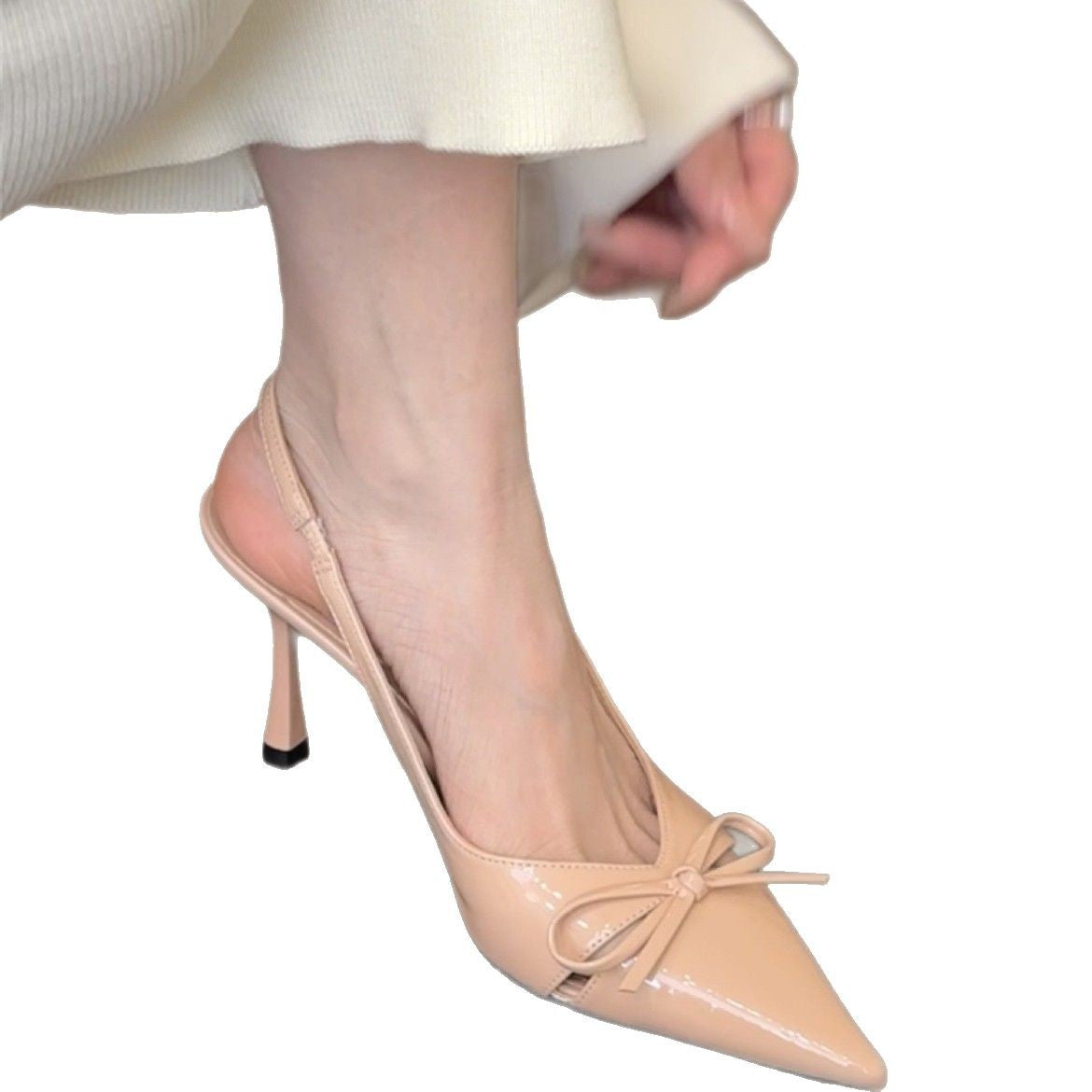 Slingback Bow Pointed Stiletto Heels with Bow Accent – Patent Black, Nude & Metallic Silver Patent Leather Heel Heels For Women's