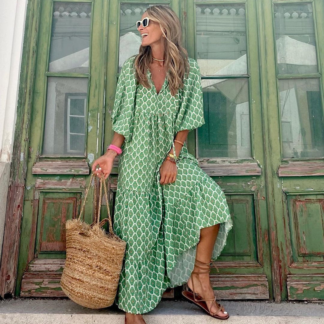 Summer Vintage Printed Bohemian Dress Elegant Ladies Casual Loose V-Neck Short Sleeve Long Dresses For Women's