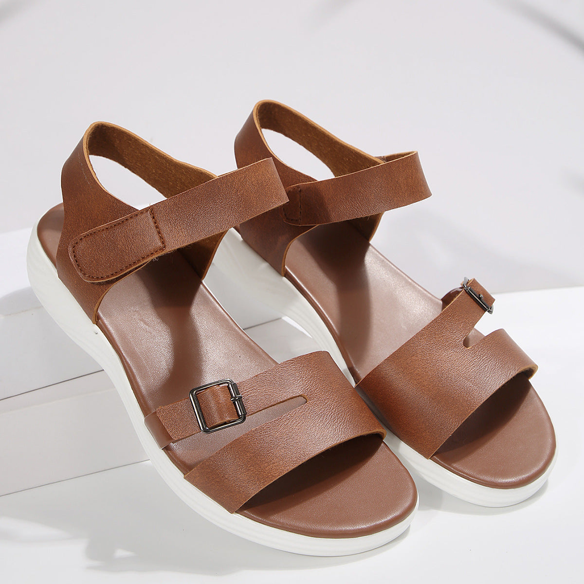 Trendy Open Toe Buckle Strap Platform Sandals Fashion Velcro Wedge Flat Beach Sandals