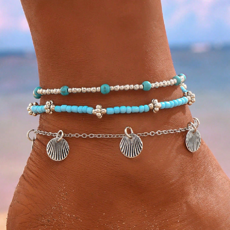 Boho Layered Turquoise Bead Anklet Set with Charms Shell Bead Anklet Set Three-piece Set