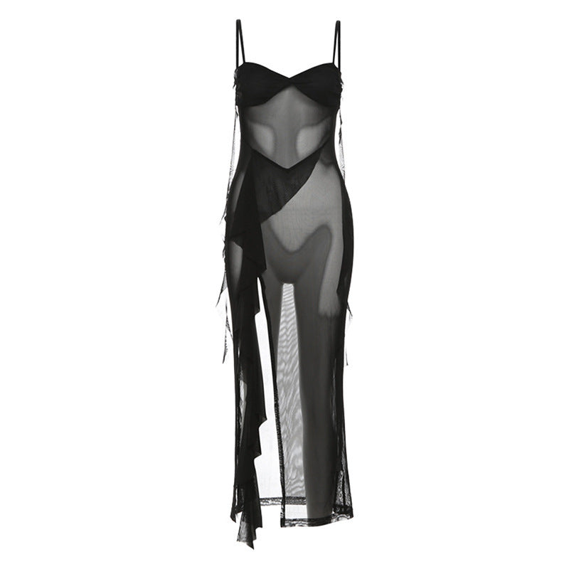 Sexy Black See-Through Spaghetti Strap Beach Cover-Up Dress Split Irregular Spaghetti-strap Dress