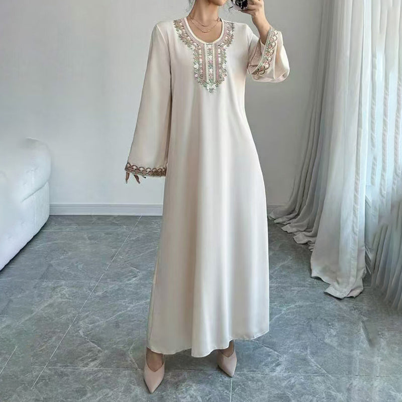 Middle Eastern Embroidered Maxi Dress - Round Neck Long Sleeve Flowy Kaftan With Exquisite Embroidery, Loose Fit