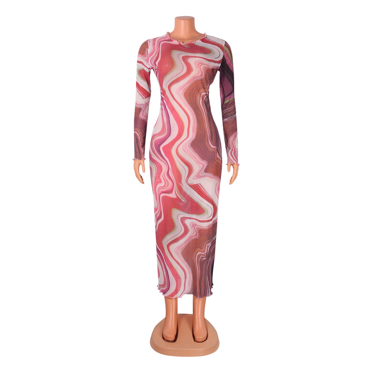Sexy Mesh See-Through Print Long-Sleeved Dress